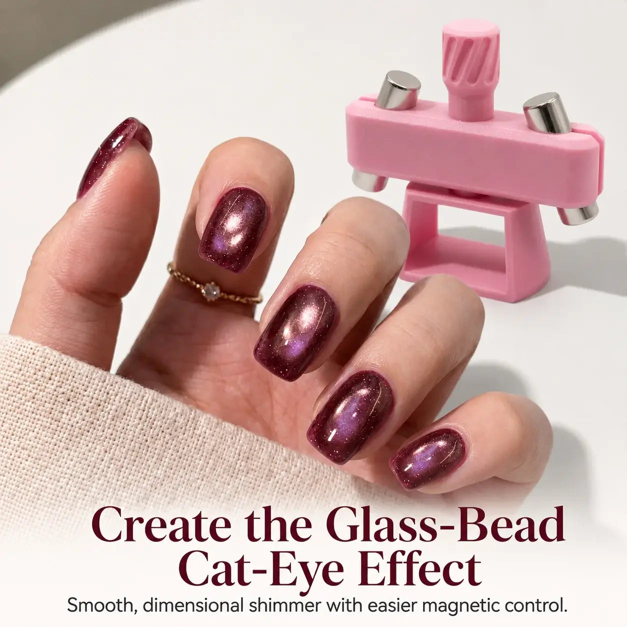 Dimensional cat-eye manicure created with magnetic shaping